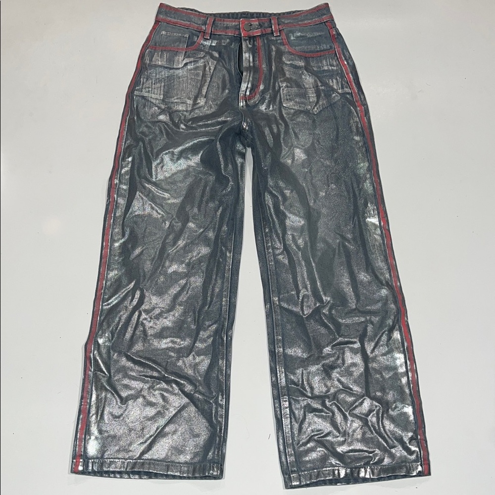 Anewsta Metallic Silver Pants Red Trim Size Large
